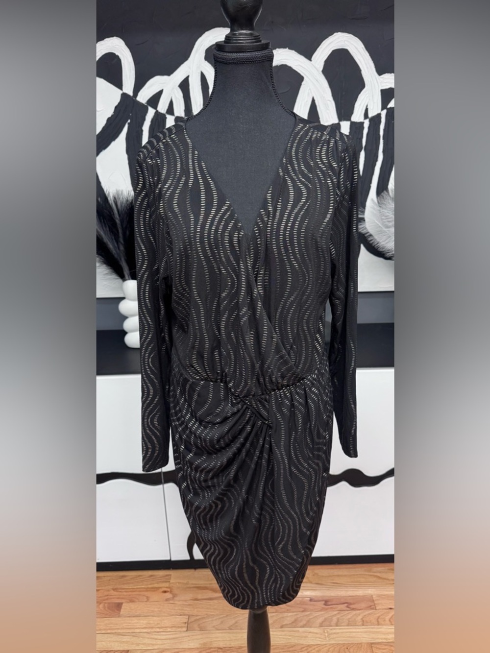 Thalia Sodi Black Gold Sheer Wave Detail Long Sleeve Dress XL Elegant Chic - Picture 2 of 11